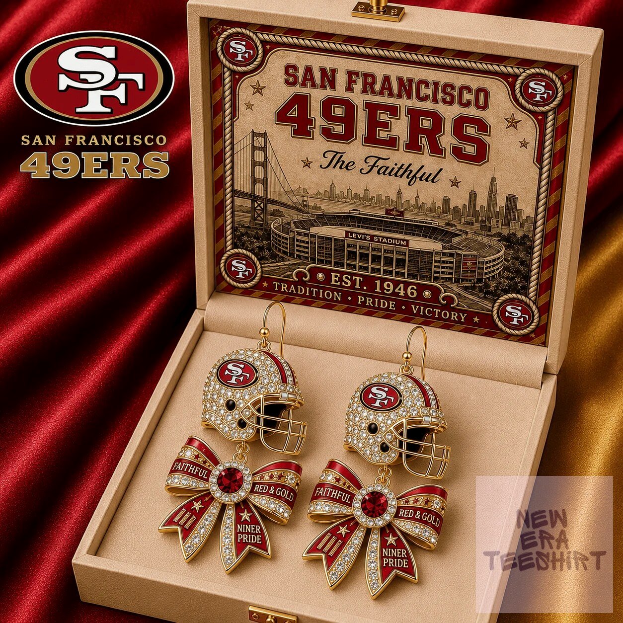 San Francisco 49ers Football Helmet Dangle Earrings with Red and Gold Bows