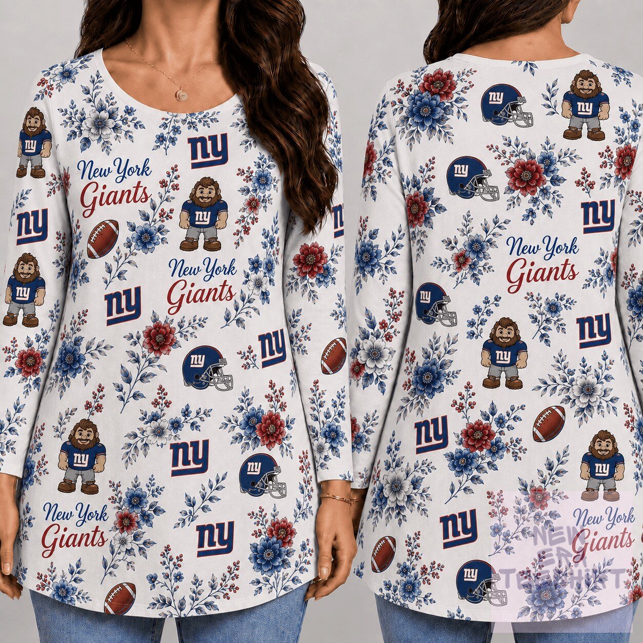 New York Giants Floral Game Day Long Sleeve Tunic Top for Women