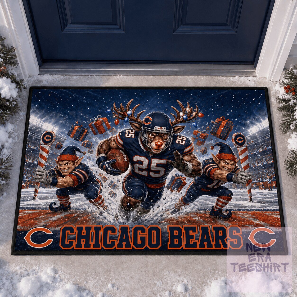 Chicago Bears Christmas Football Reindeer Elf Holiday Doormat