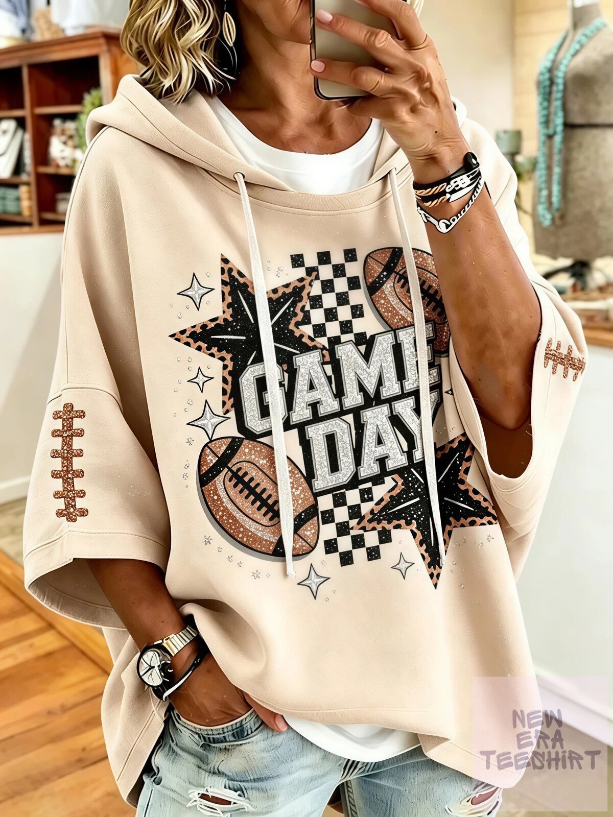 Game Day Football Leopard Print Stars Women's Oversized Hoodie