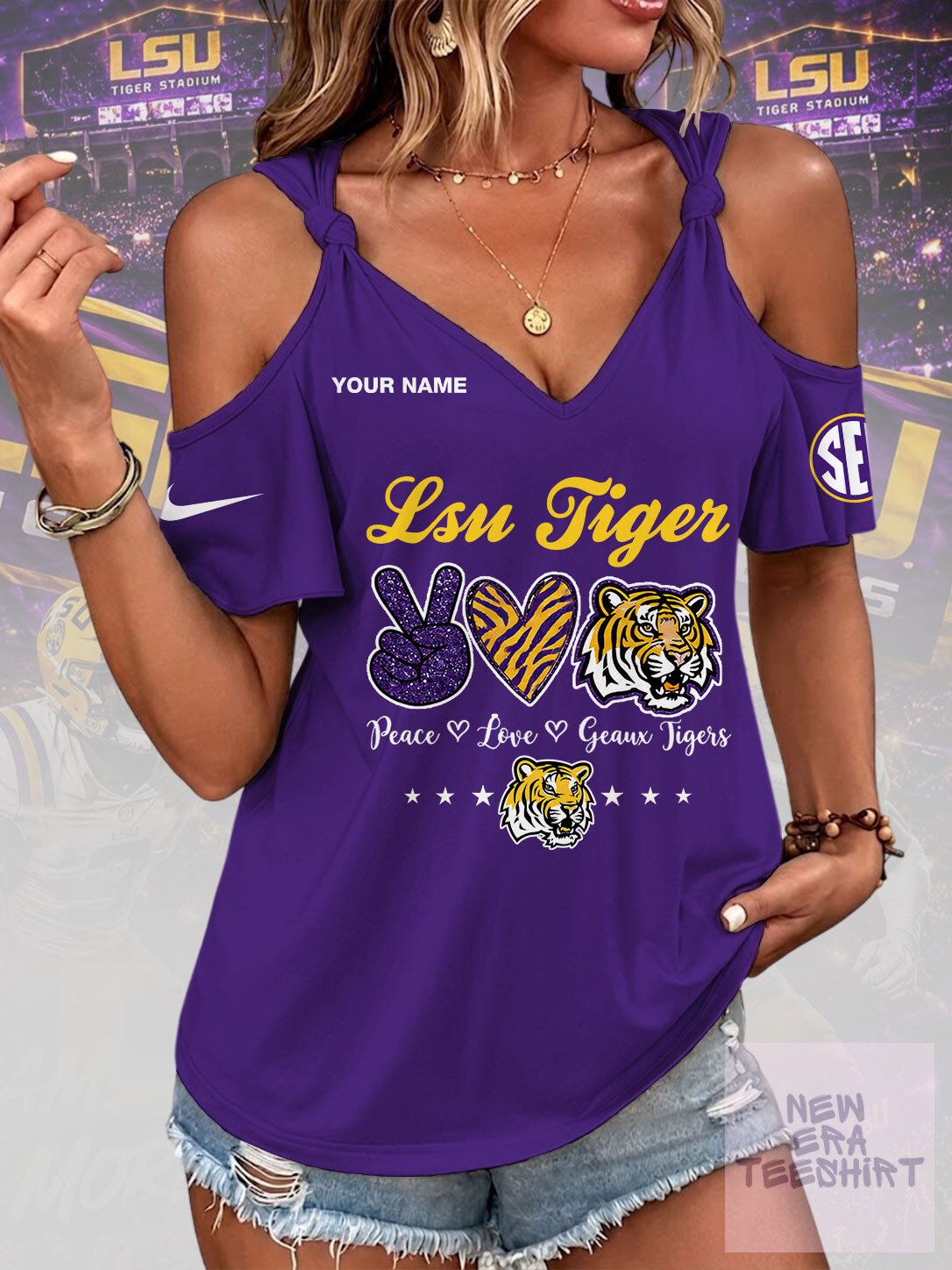 Louisiana State University Tigers Peace Love Geaux Tigers Cold Shoulder T-Shirt