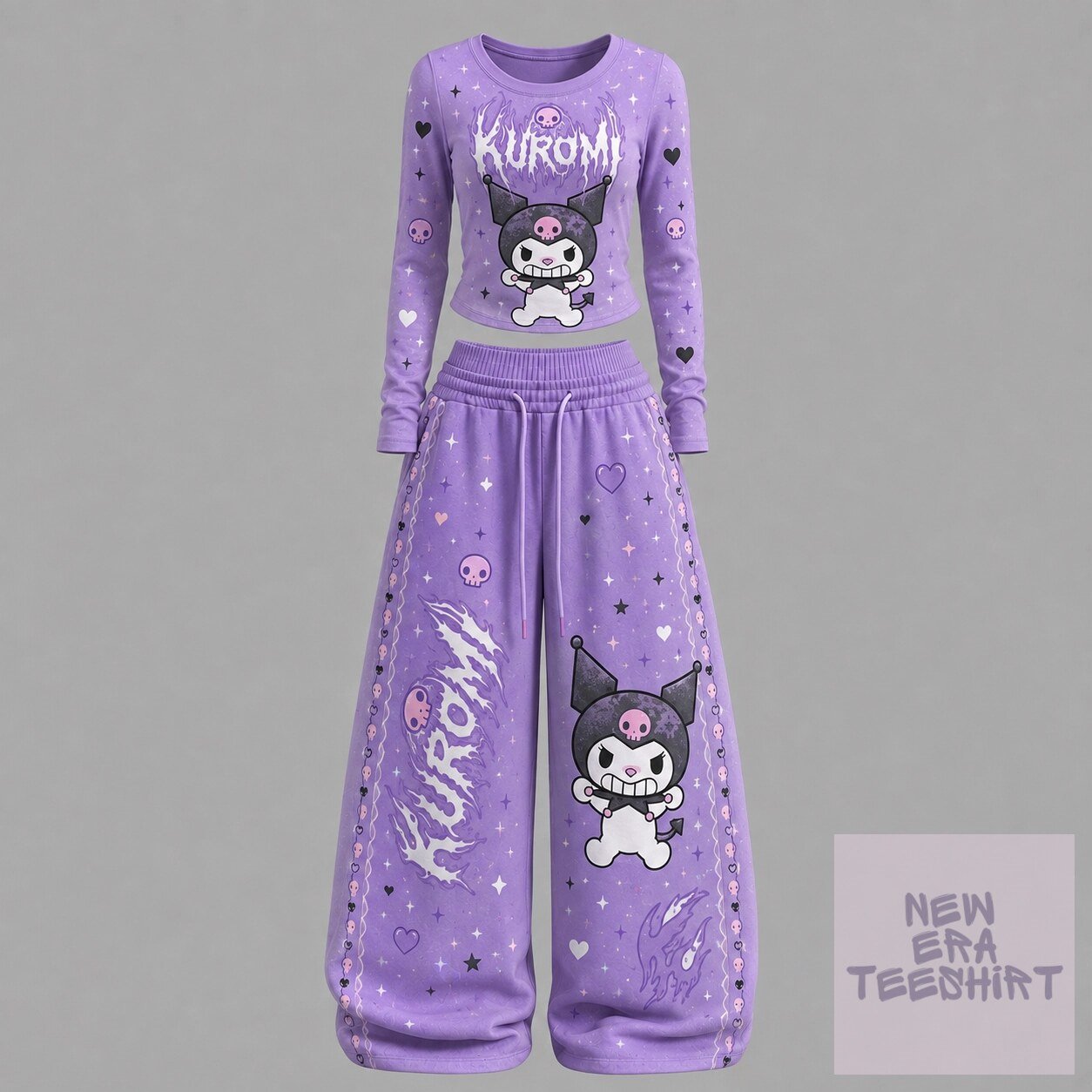 Kuromi Purple Skull Hearts Long Sleeve Crop Top and Wide Leg Pants Set