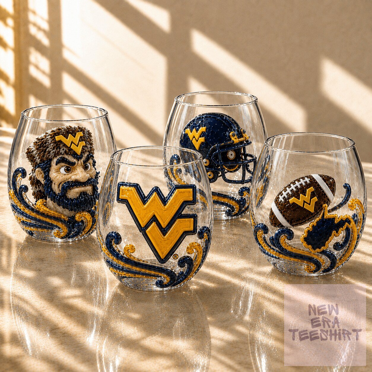 West Virginia Mountaineers Football Team Stemless Wine Glass Set