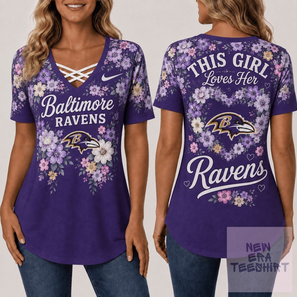 Baltimore Ravens Fan Floral Criss Cross V-Neck T-Shirt for Women Baltimore Ravens Fan Floral Criss Cross V-Neck T-Shirt for Women