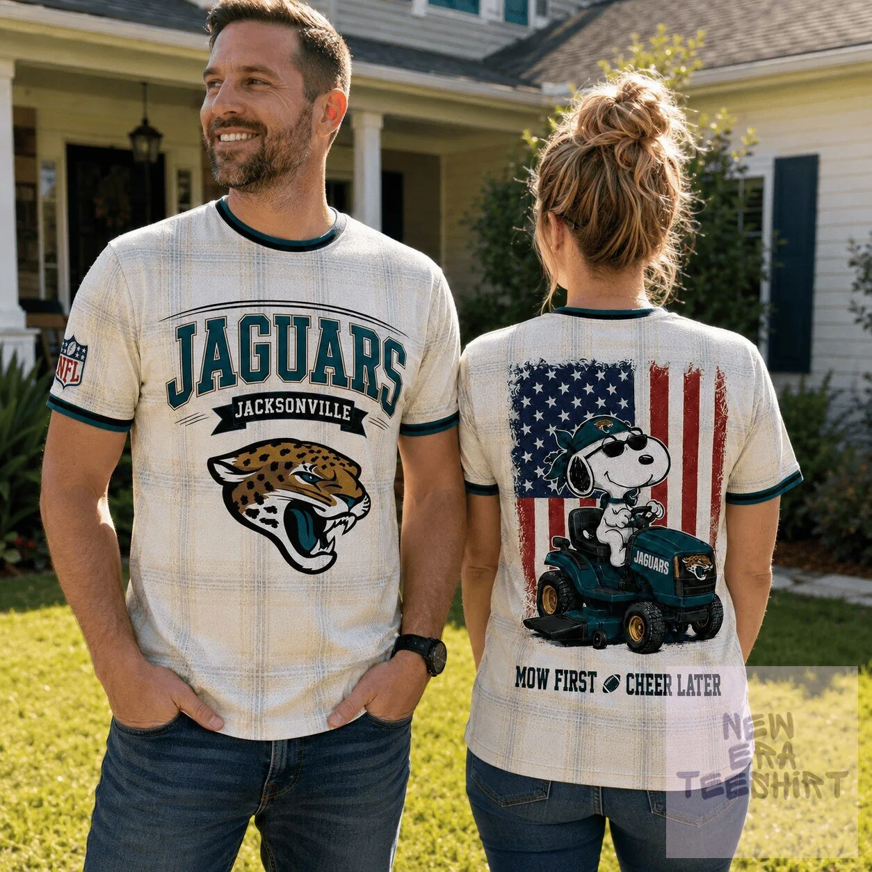 Jacksonville Jaguars Football Snoopy Riding Mower American Flag T-Shirt