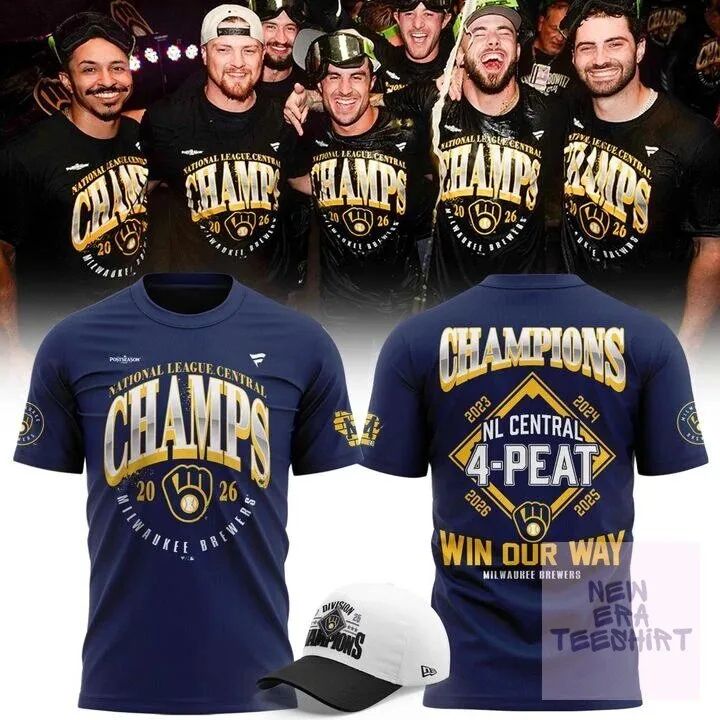 Milwaukee Brewers National League Central Champions 4-Peat 2026 Navy Blue T-Shirt 3 Milwaukee Brewers National League Central Champions 4-Peat 2026 Navy Blue T-Shirt