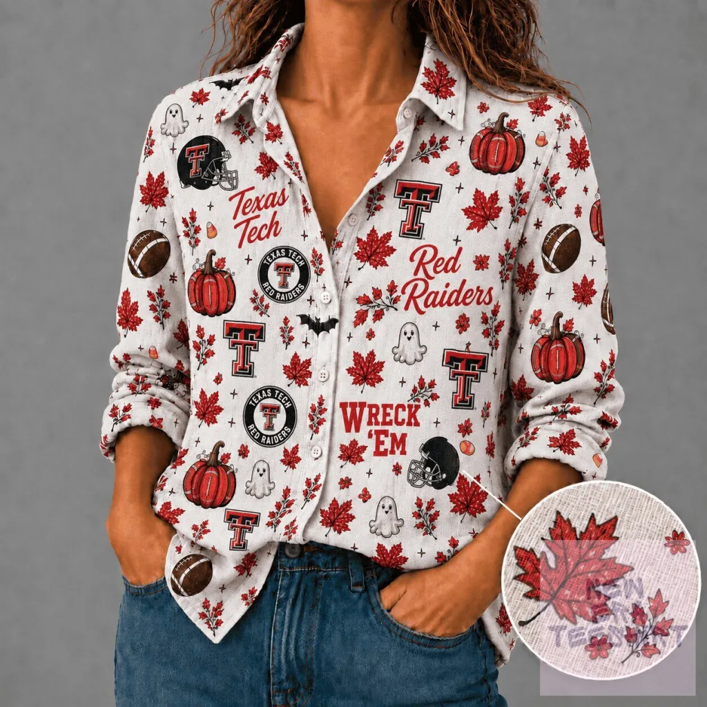 Texas Tech Red Raiders Autumn Halloween Ghost Pumpkin Maple Leaves Long Sleeve Shirt Texas Tech Red Raiders Autumn Halloween Ghost Pumpkin Maple Leaves Long Sleeve Shirt