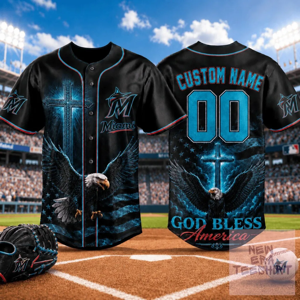 Miami Marlins Baseball Jersey Personalized God Bless America Eagle Cross Miami Marlins Baseball Jersey Personalized God Bless America Eagle Cross