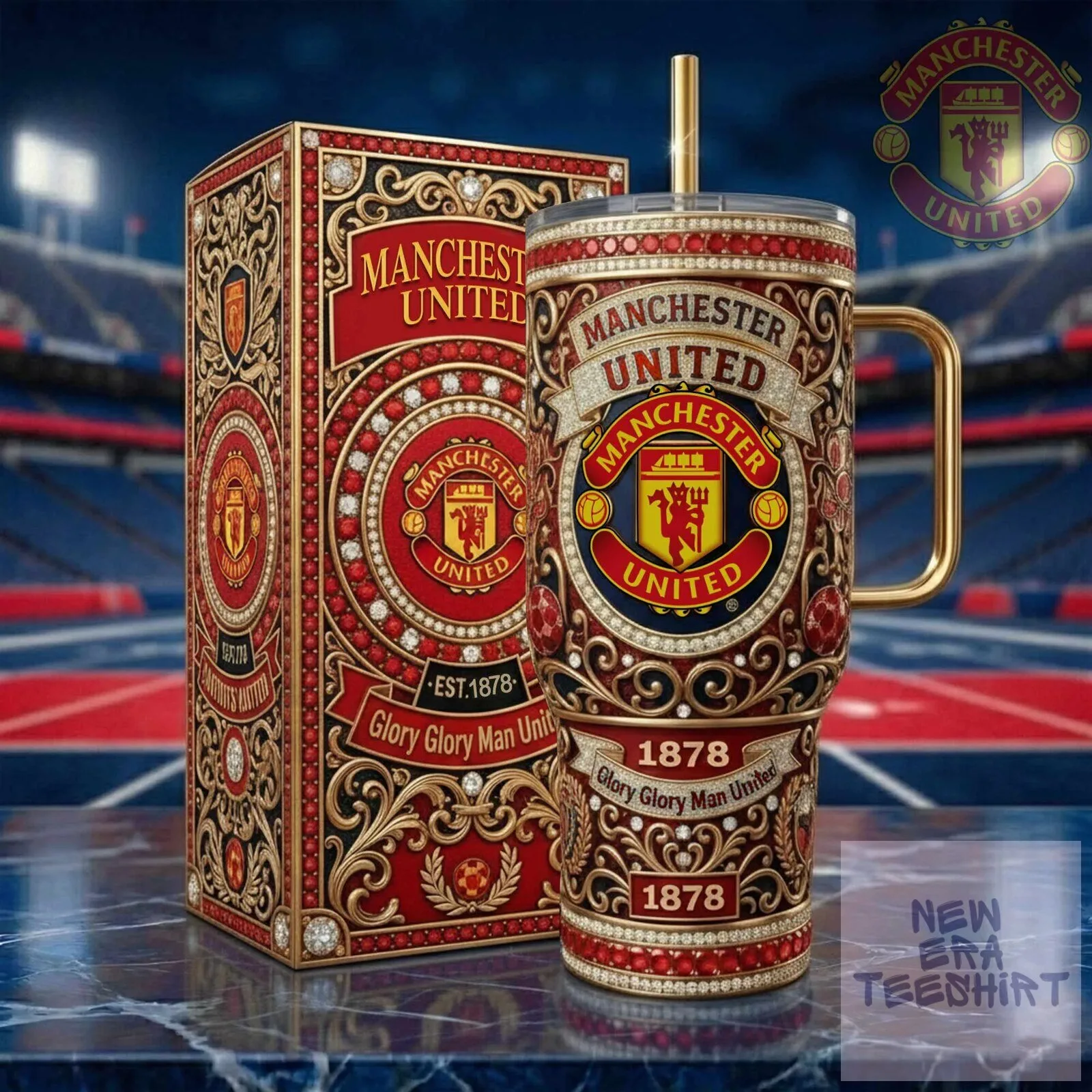 Manchester United Football Club Gold Diamond Pattern Insulated Tumbler with Handle