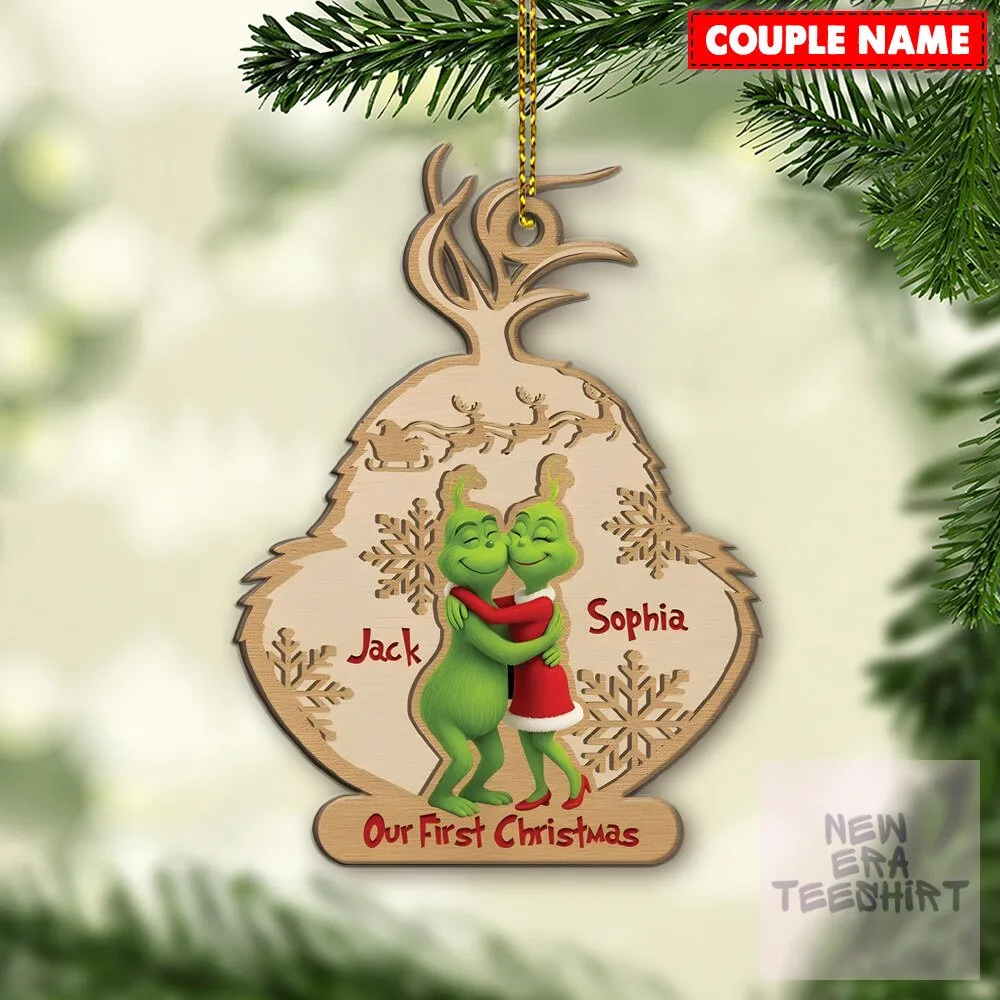 Personalized Grinch Couple First Christmas Wood Ornament