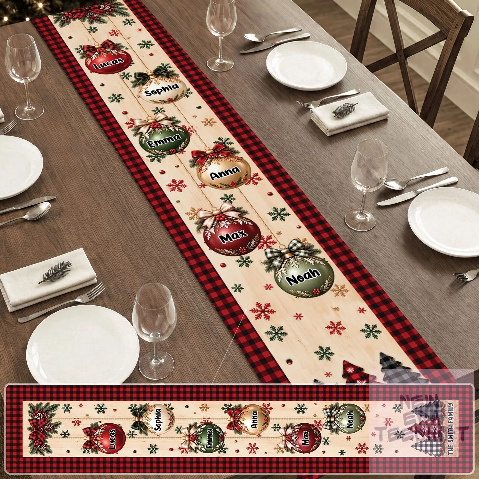 Personalized Christmas Family Ornaments and Buffalo Plaid Table Runner