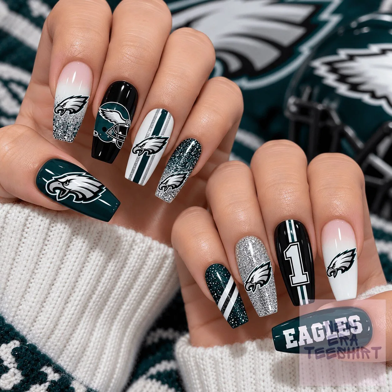 Philadelphia Eagles Football Team Glitter Press-On Nails Set