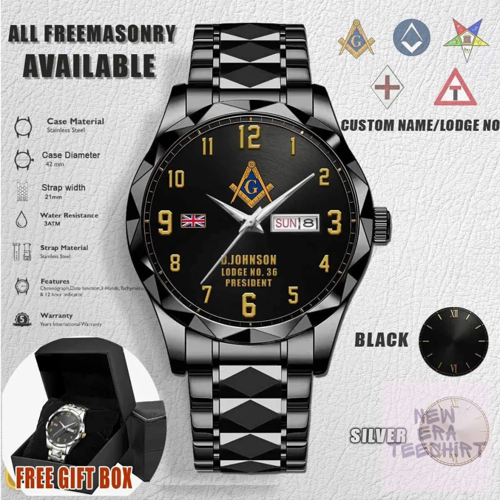 Freemasonry Blue Lodge Stainless Steel Men's Watch with Custom Name Freemasonry Blue Lodge Stainless Steel Men's Watch with Custom Name