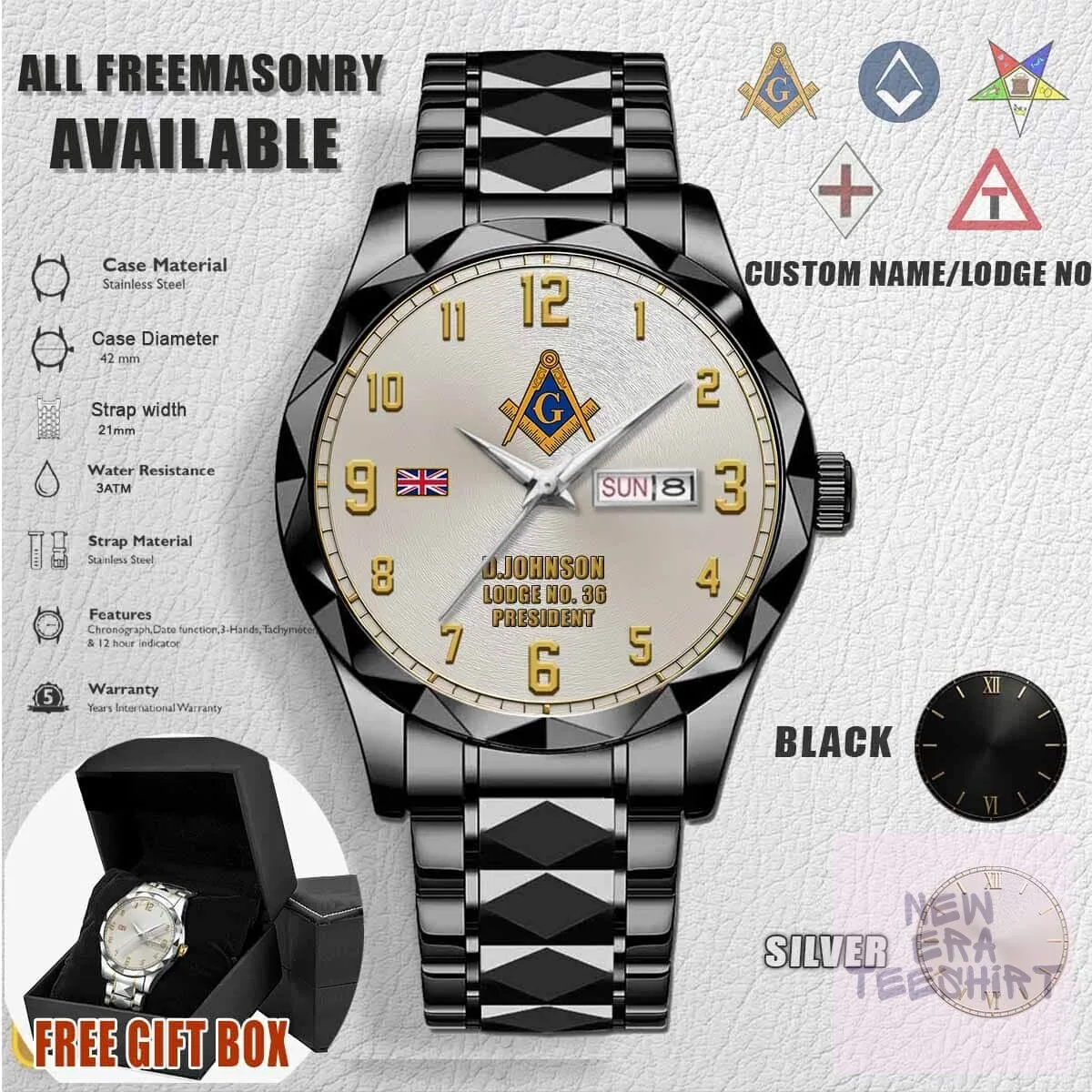 Freemasonry Blue Lodge Stainless Steel Men's Watch with Custom Name 4 freemasonry blue lodge stainless steel men s watch with custom name gallery 1
