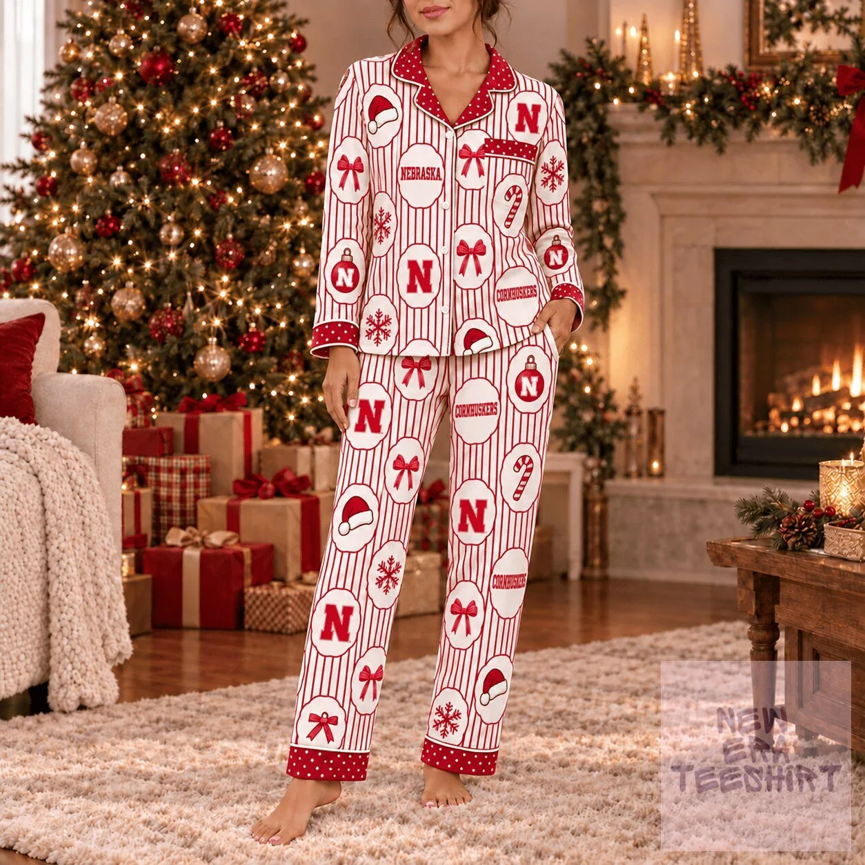 Nebraska Cornhuskers Christmas Holiday Button-Up Pajamas Set for Women