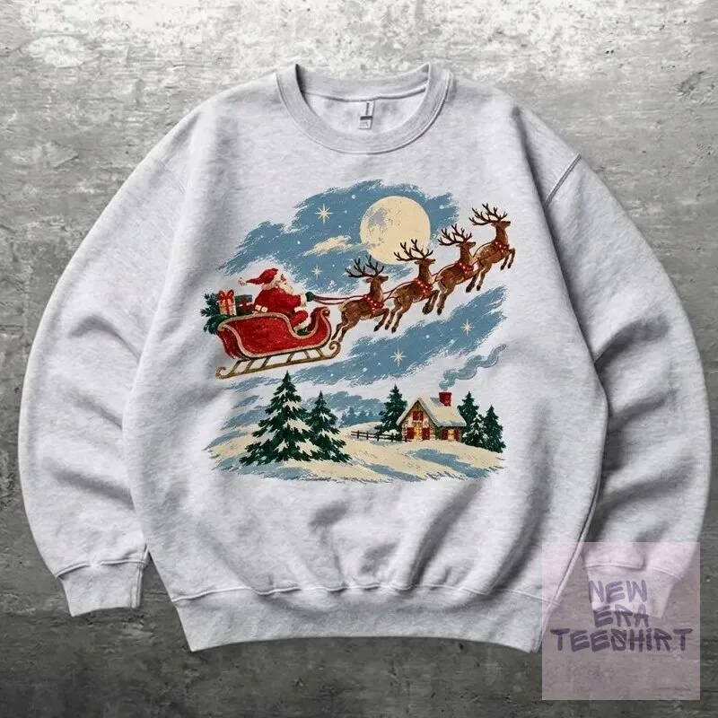 Vintage Santa Claus Sleigh Reindeer Christmas Sweatshirt