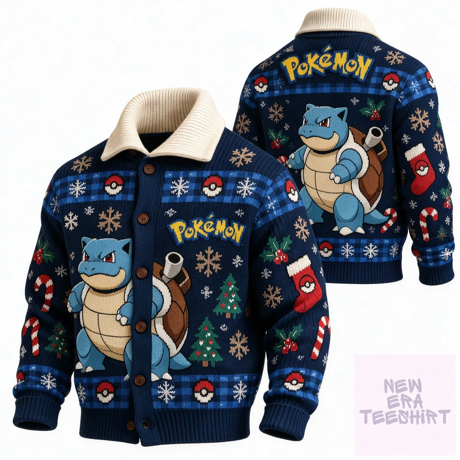 Pokemon Blastoise Christmas Holiday Snowflake Pattern Button-Up Cardigan Sweater
