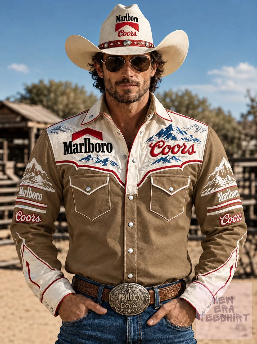 Embroidered Long-Sleeve Cowboy Button-Up Shirt by Marlboro Coors - Western Style