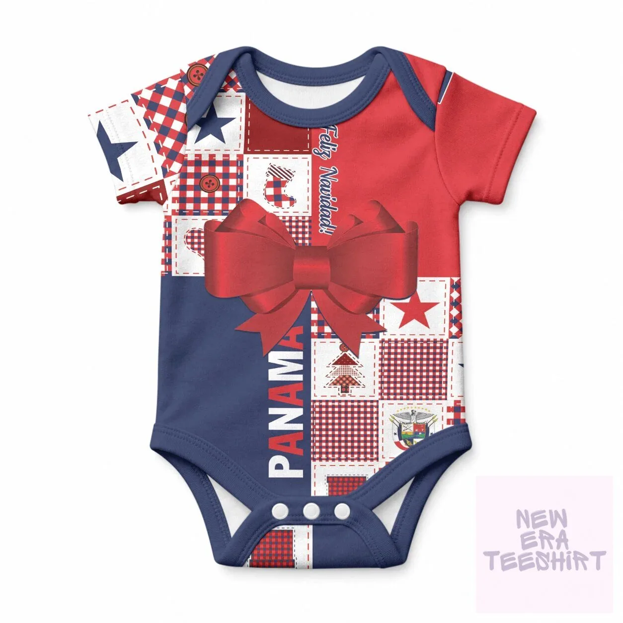 Panama Christmas Feliz Navidad Patchwork Baby Bodysuit with Coquette Bow