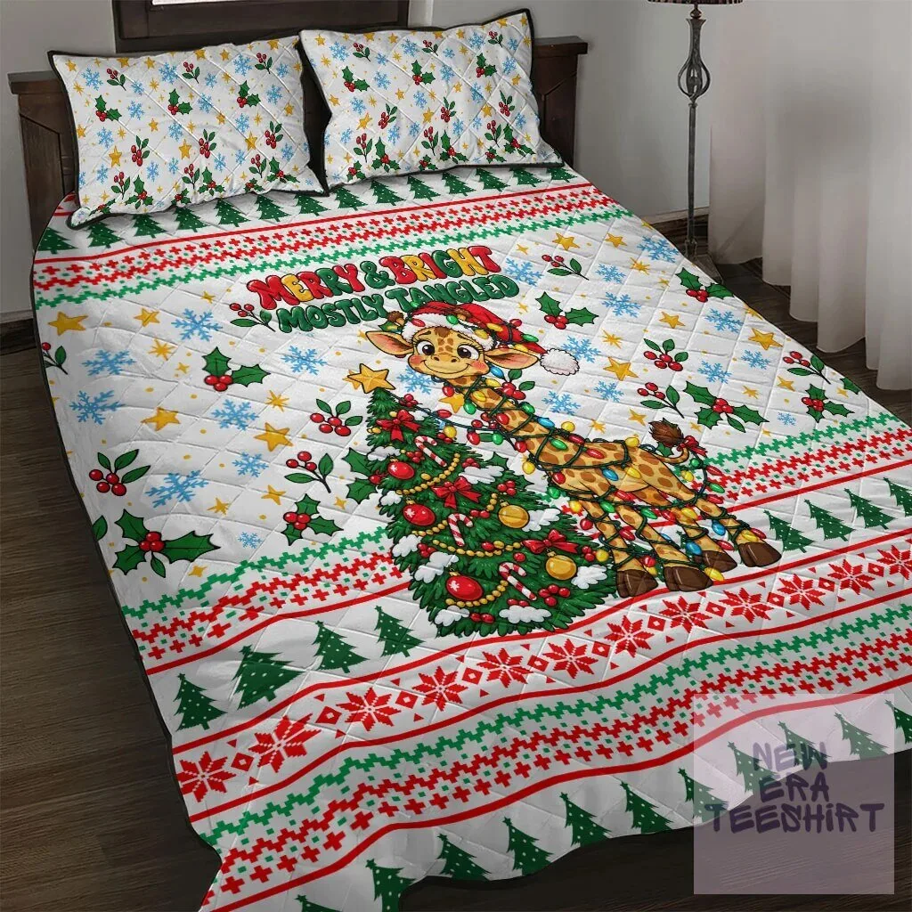 Christmas Giraffe Lights Quilt Bedding Set Merry and Bright Mostly Tangled