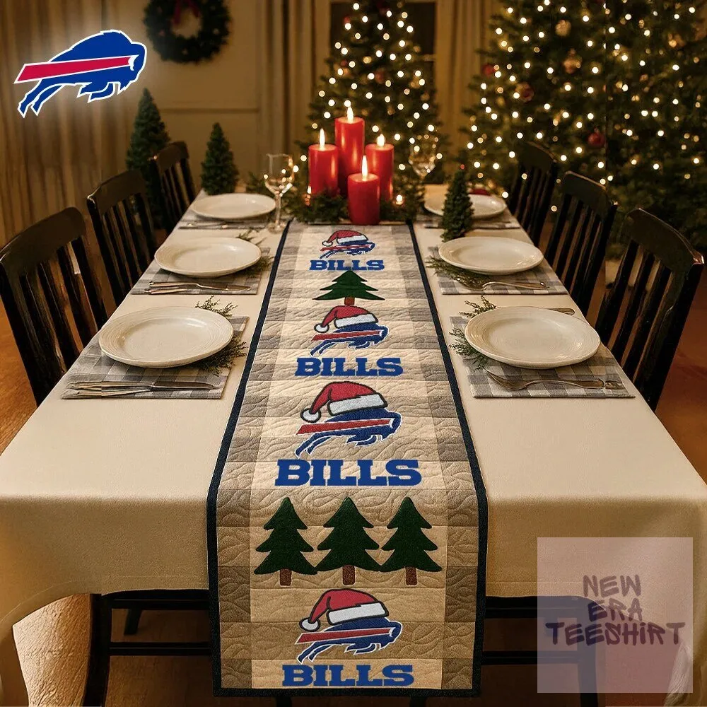 Buffalo Bills Christmas Holiday Quilted Table Runner with Santa Hat Logo