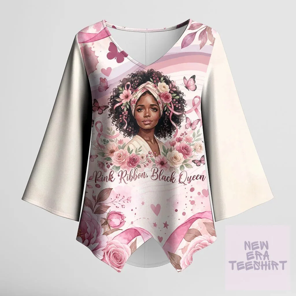 African American Breast Cancer Warrior Pink Ribbon Black Queen Kimono Sleeve Blouse