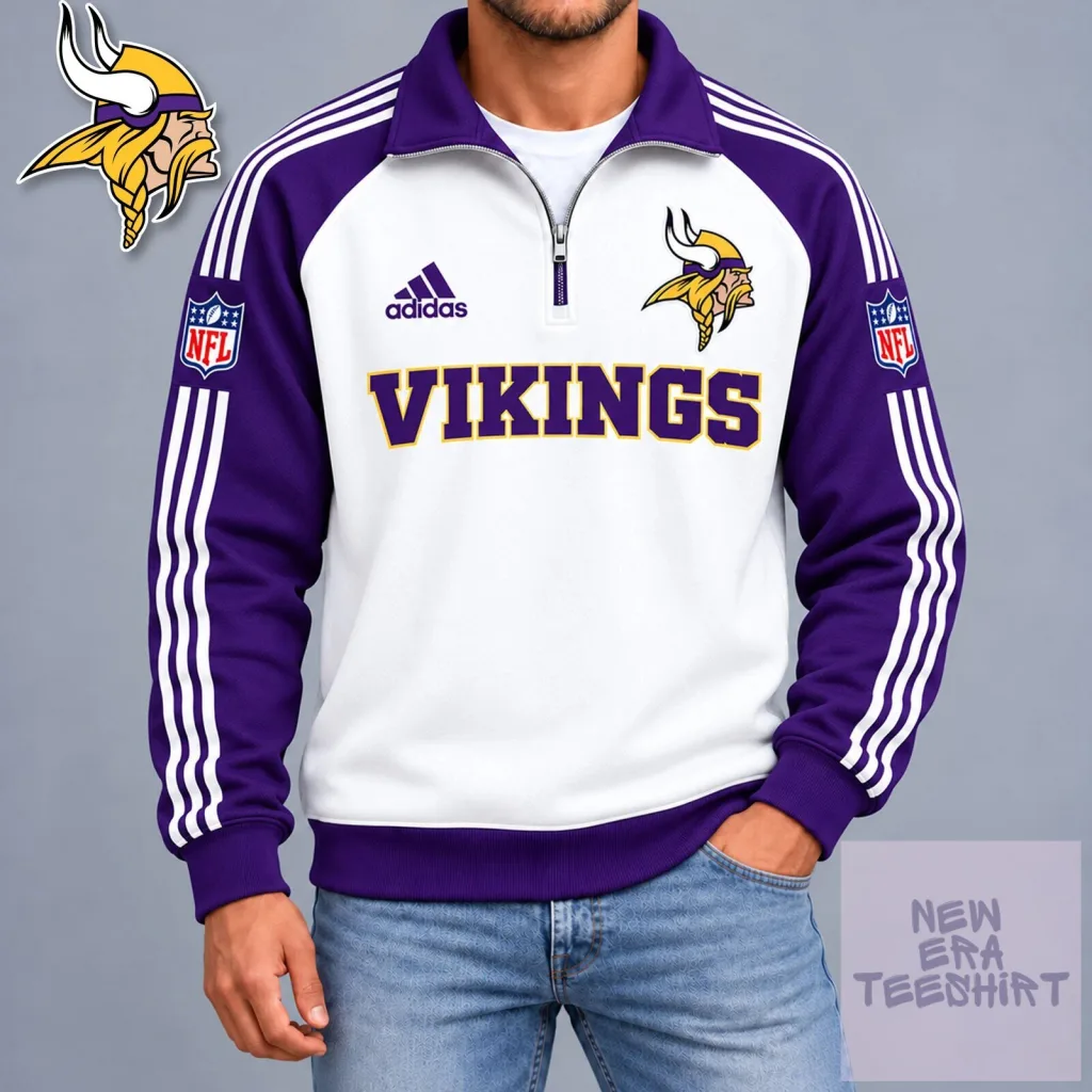 Minnesota Vikings NFL Football Quarter Zip White and Purple Sweatshirt Minnesota Vikings NFL Football Quarter Zip White and Purple Sweatshirt