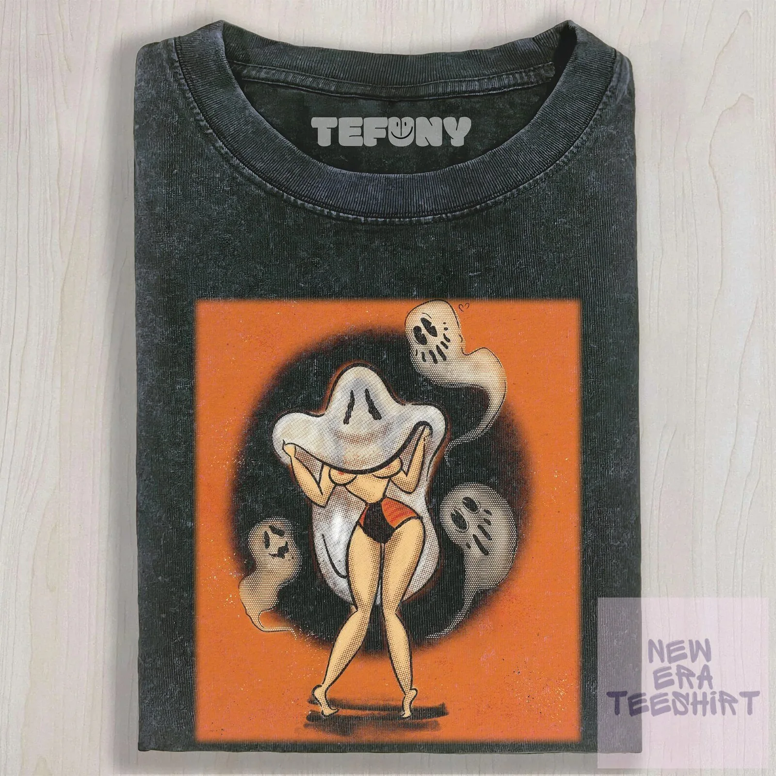 Dark Gothic Pin-Up Girl Ghost Halloween Spooky Washed T-Shirt