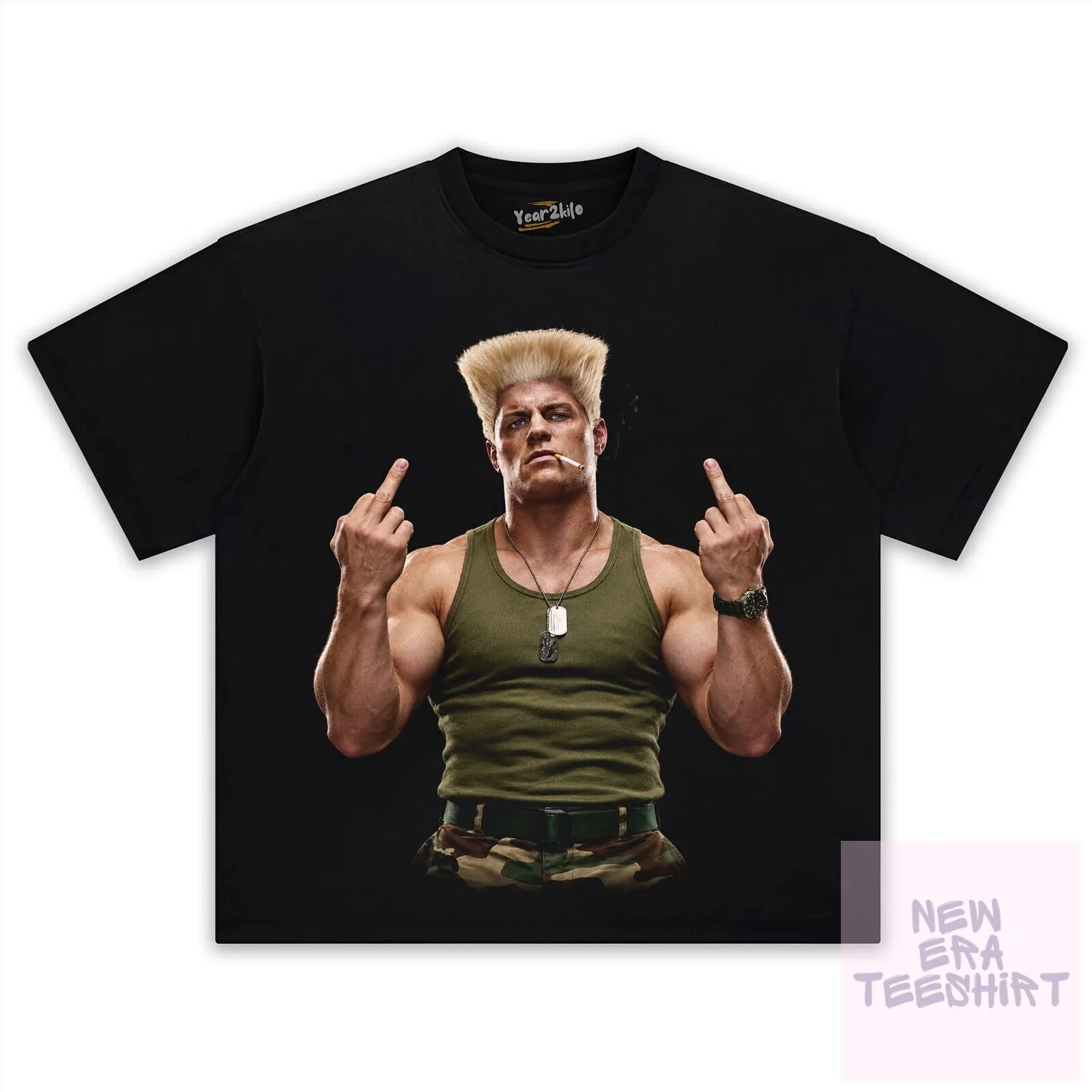 Black Graphic Tee Featuring Cody Rhodes in Guile Style from Street Fighter