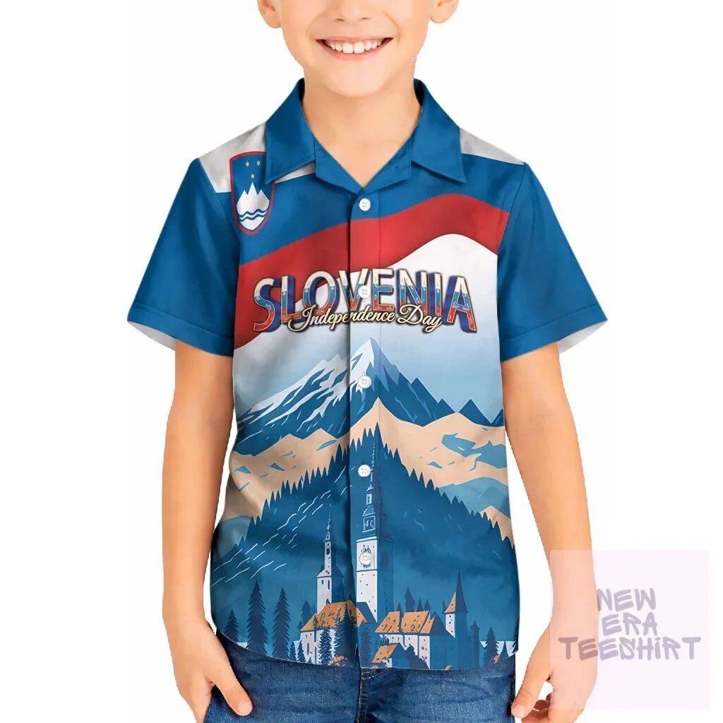 Hawaiian Shirt Featuring Lake Bled Landscape and Julian Alps for Slovenia Independence Day