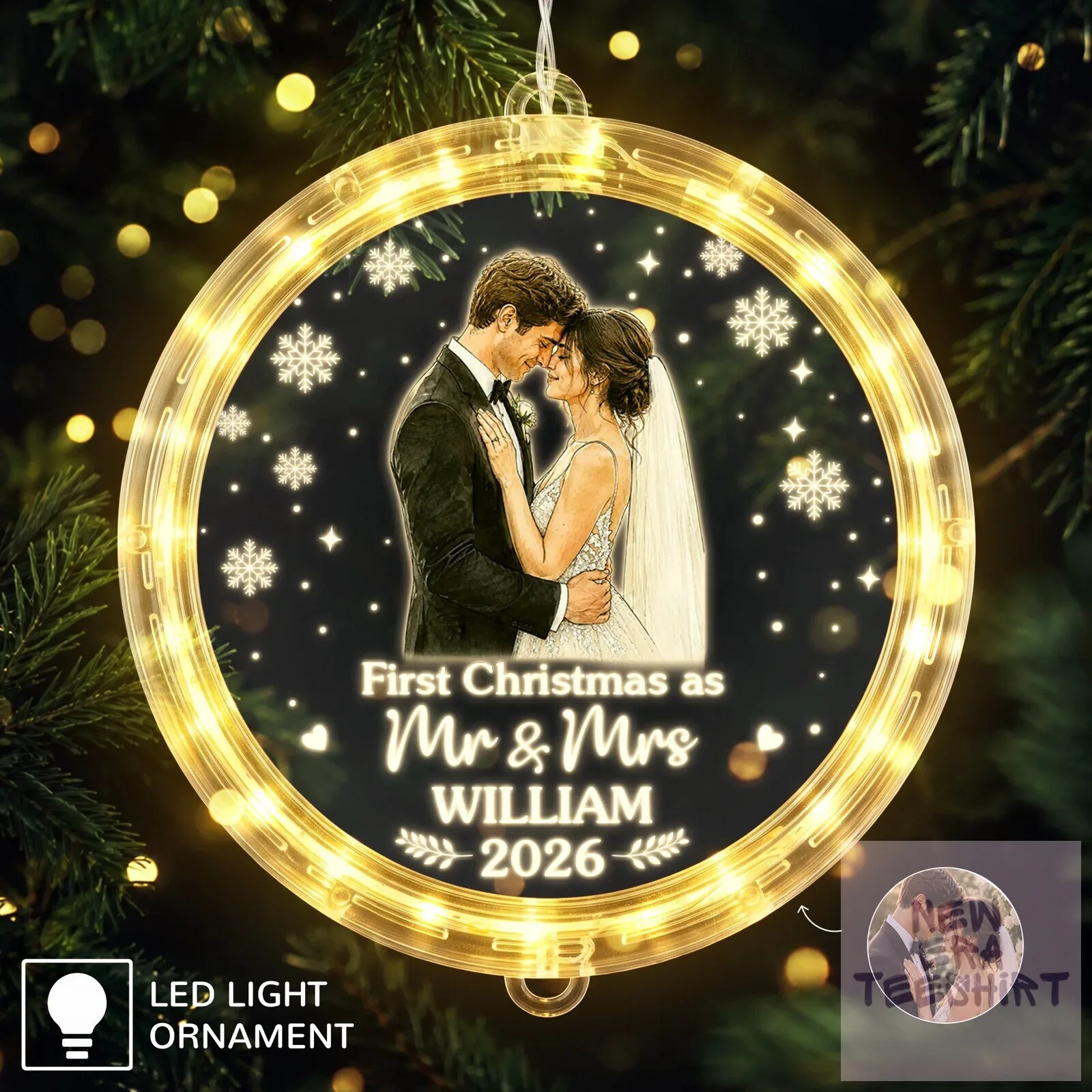 First Christmas As Mr and Mrs Personalized Photo LED Light Ornament