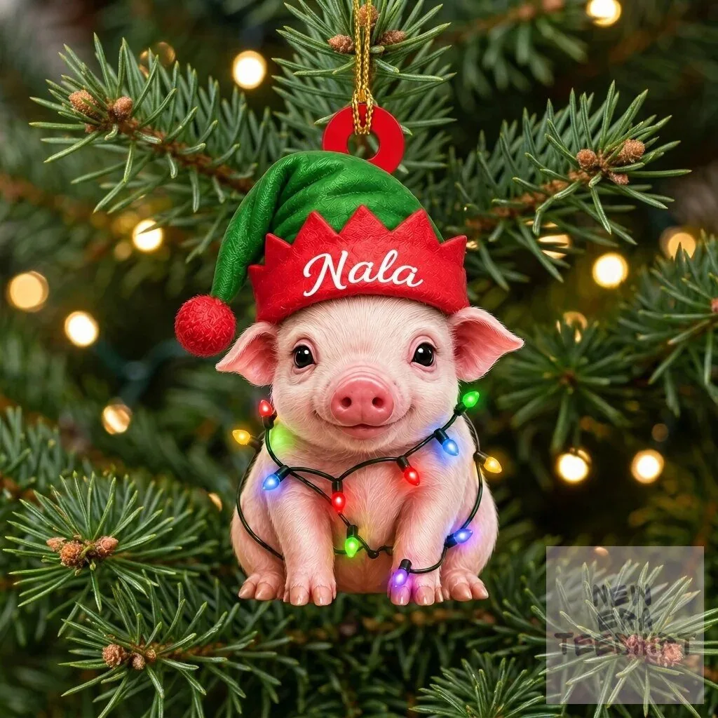 Personalized Cute Pig with Elf Hat Christmas Tree Ornament Holiday Keepsake