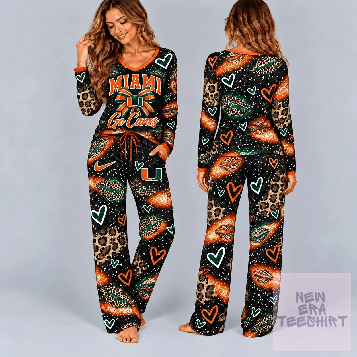 Miami Hurricanes Leopard Print Heart Pattern Pajamas Set