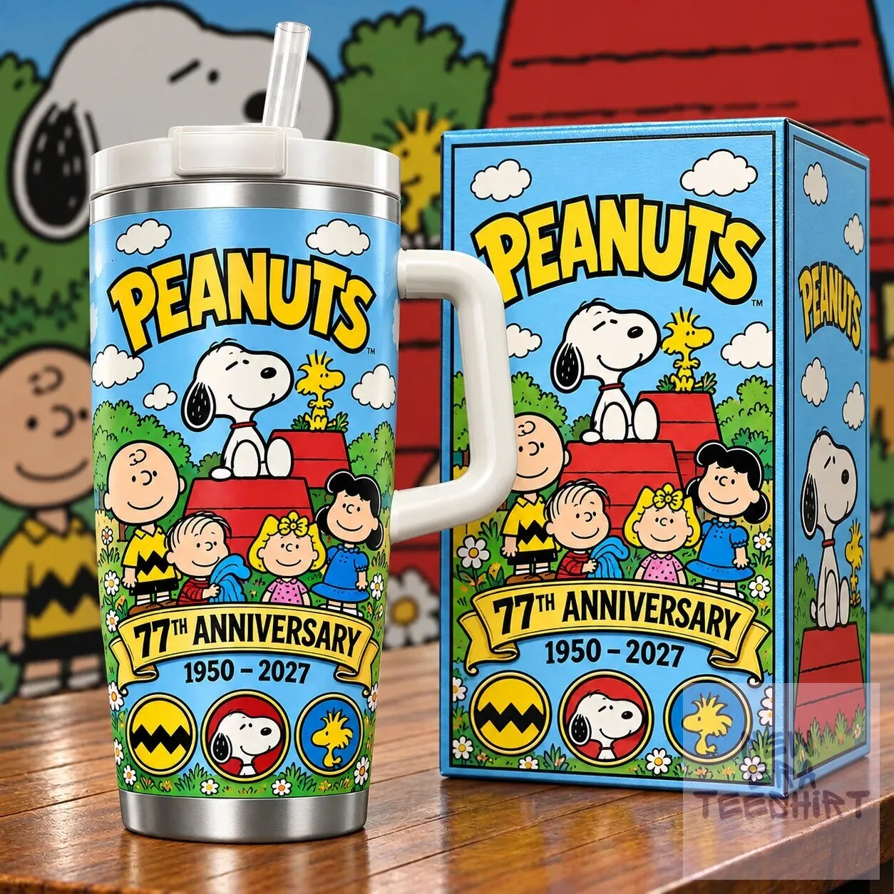 Stainless Steel Tumbler with Handle for Peanuts 77th Anniversary featuring Snoopy and Friends