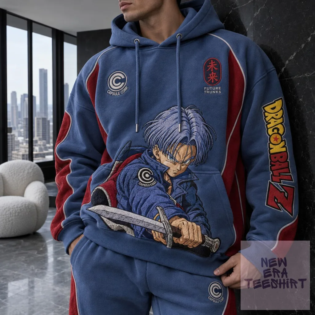 Dragon Ball Z Future Trunks Anime Embroidered Blue Hoodie for Men Dragon Ball Z Future Trunks Anime Embroidered Blue Hoodie for Men