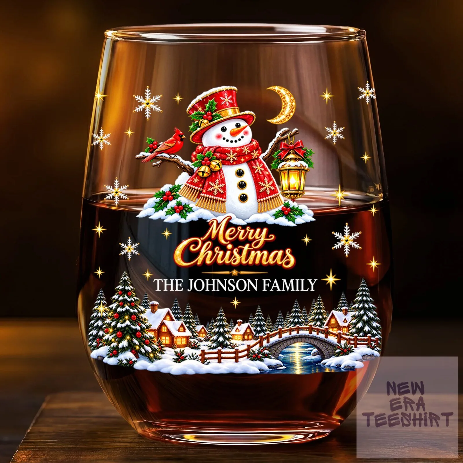 Personalized Merry Christmas Snowman Winter Village Scene Stemless Wine Glass