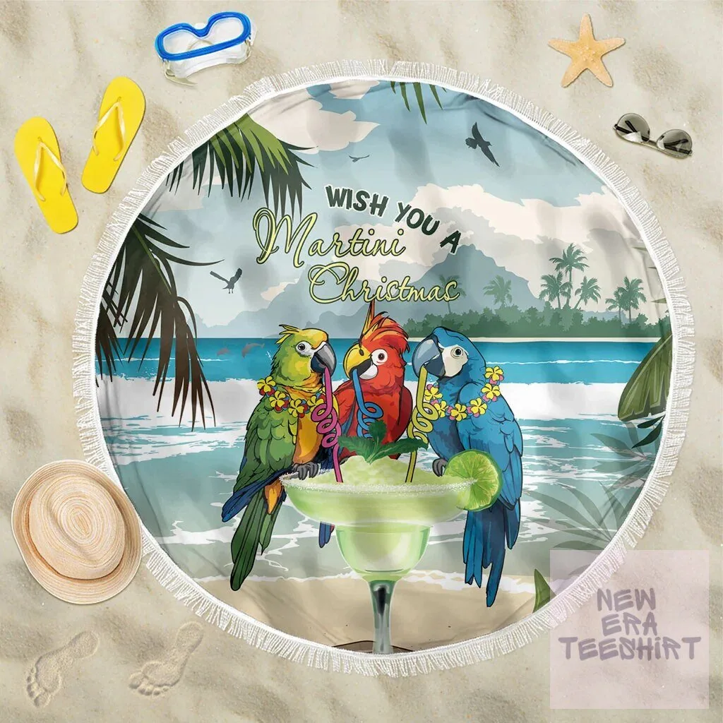 Martini Christmas Parrots Tropical Beach Round Blanket