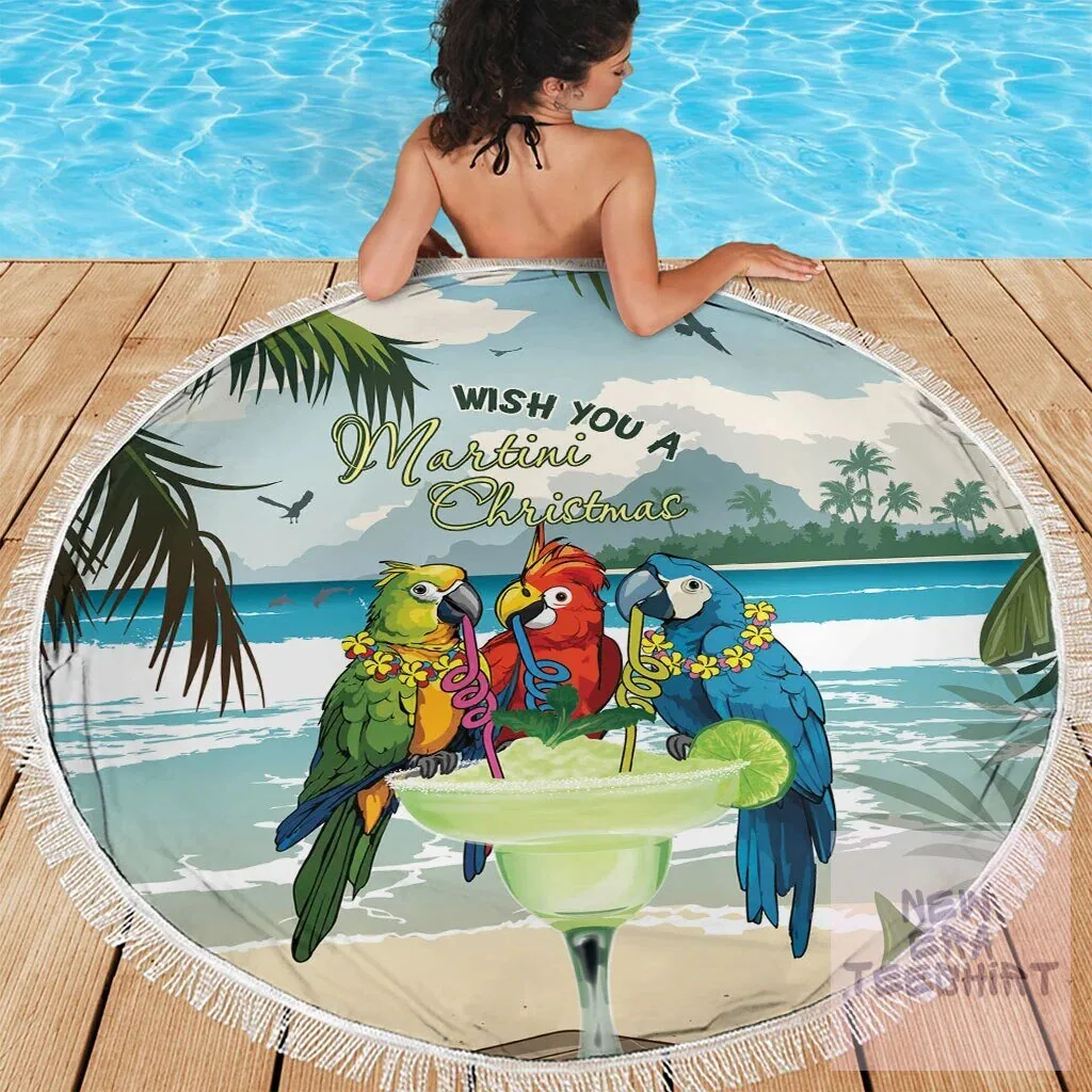 Martini Christmas Parrots Tropical Beach Round Blanket 5 Martini Christmas Parrots Tropical Beach Round Blanket