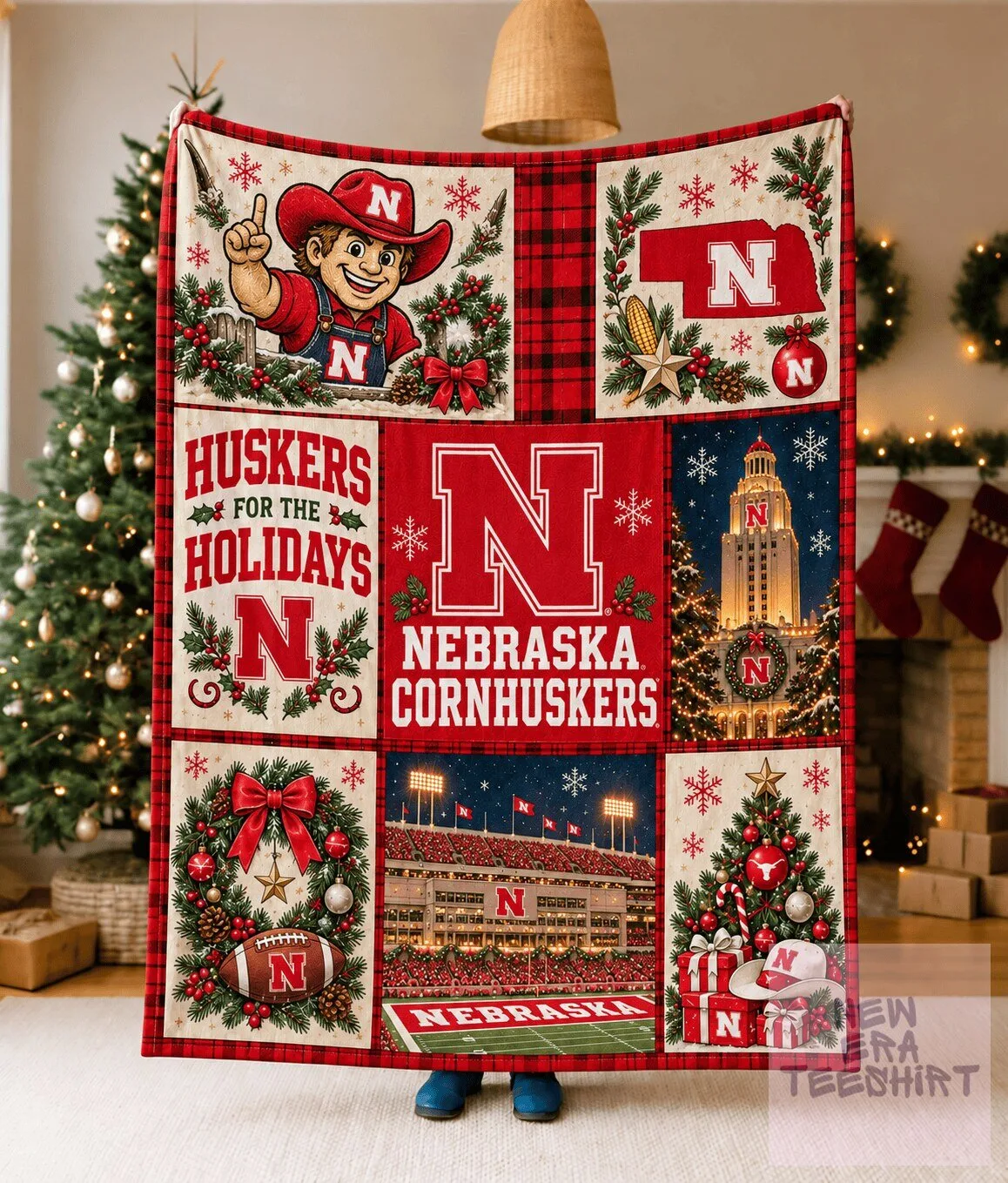 Nebraska Cornhuskers Christmas Holiday Plaid Fleece Blanket