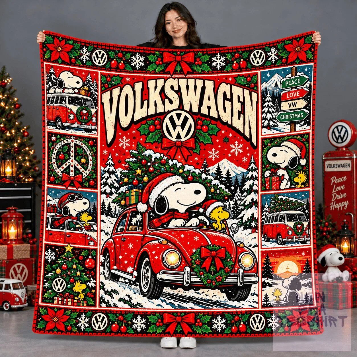 Volkswagen Snoopy Red Beetle Christmas Peace Road Trip Fleece Blanket