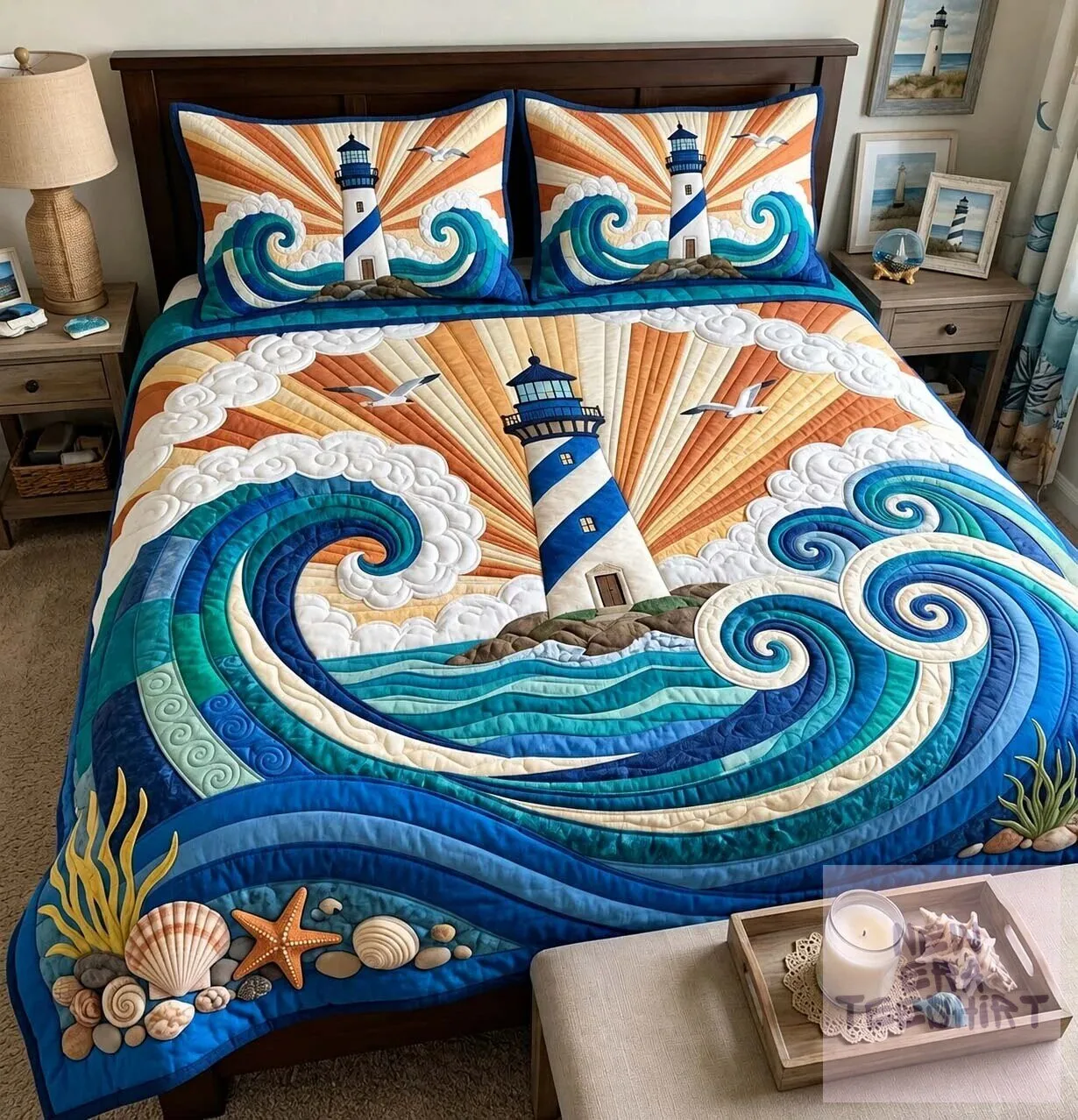 Ocean Beacon Sunrise Lighthouse and Waves Quilted Bedding Set 5 Ocean Beacon Sunrise Lighthouse and Waves Quilted Bedding Set