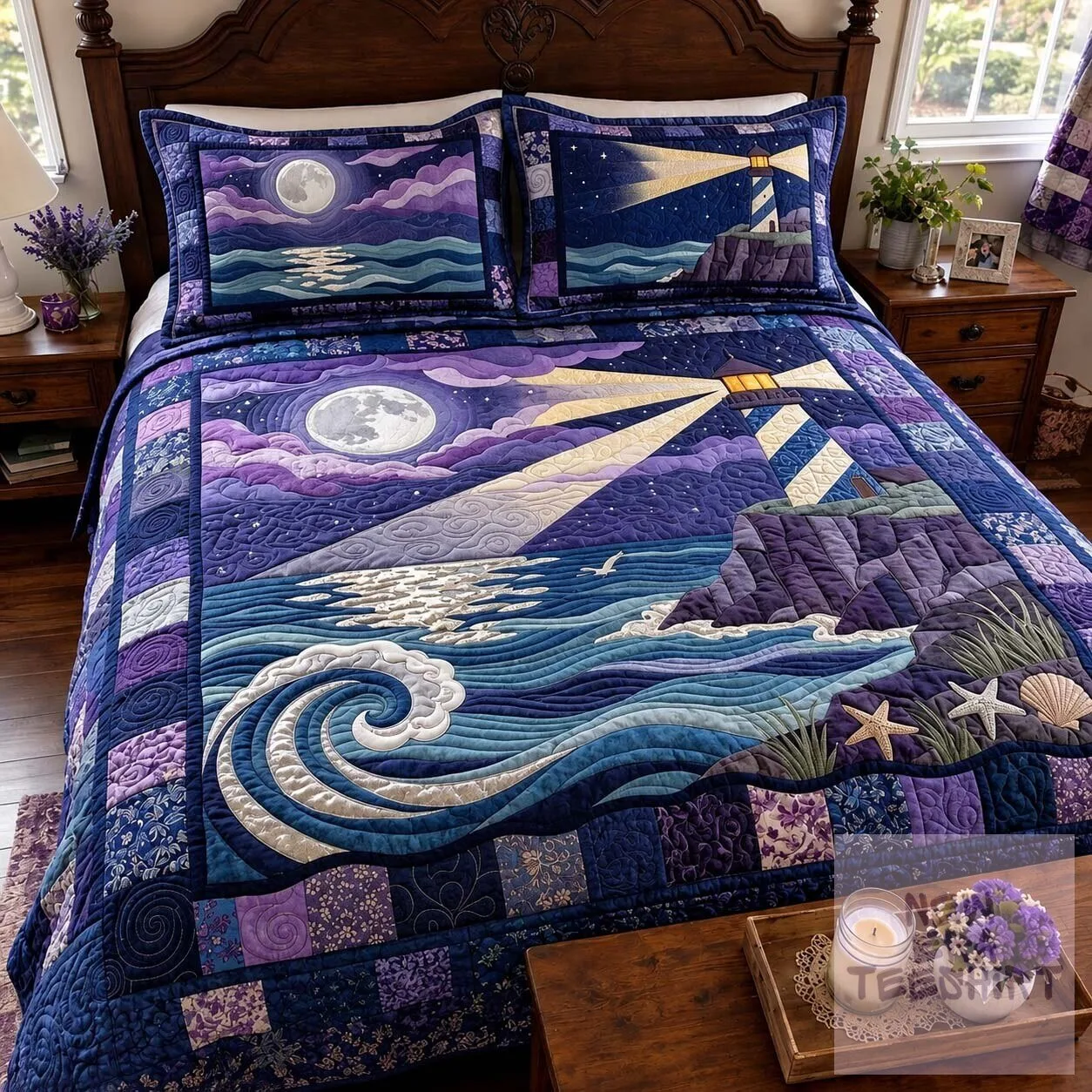Moonlit Lighthouse Ocean Waves Full Moon Quilted Bedding Set