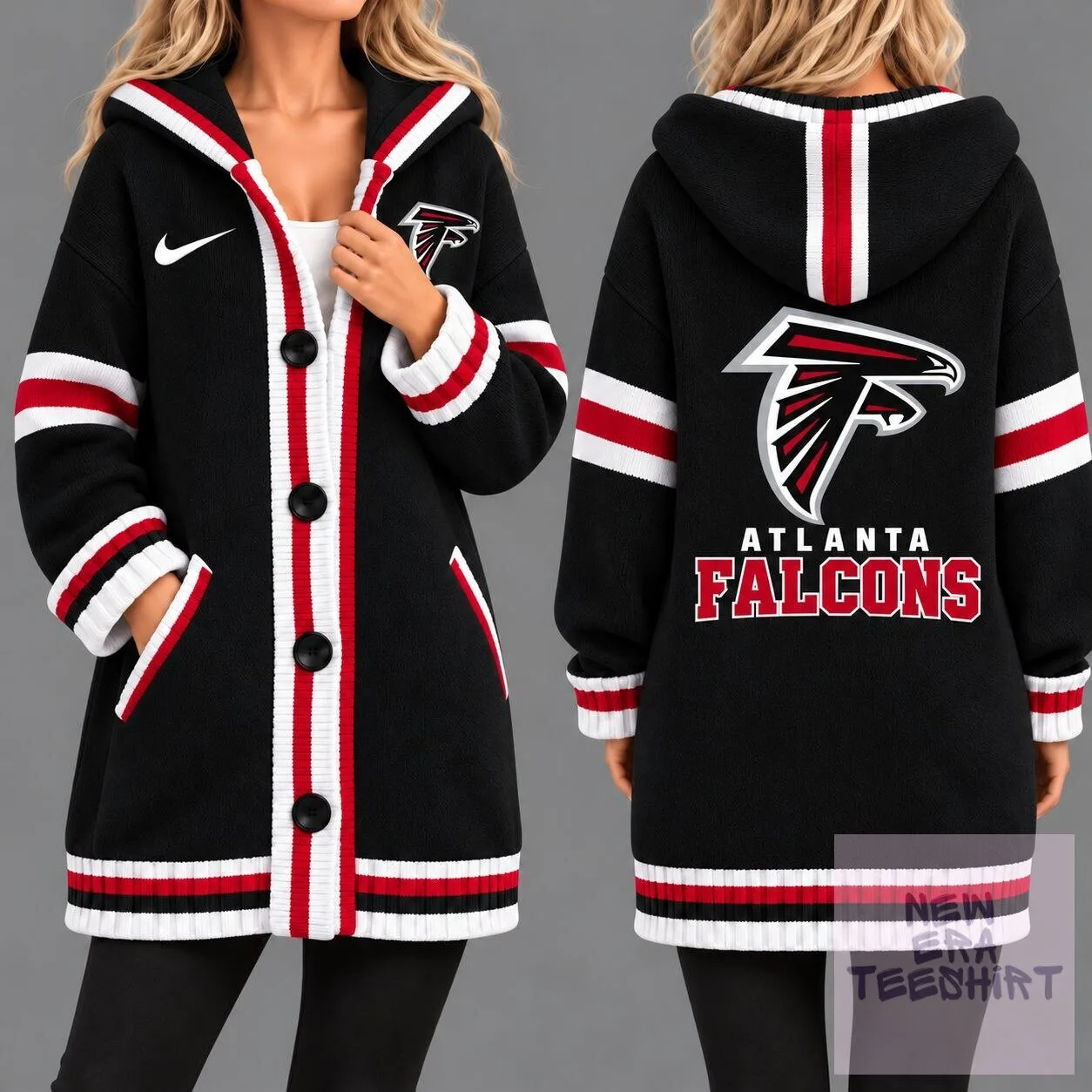 Atlanta Falcons NFL Football Team Black and Red Striped Hooded Cardigan Jacket