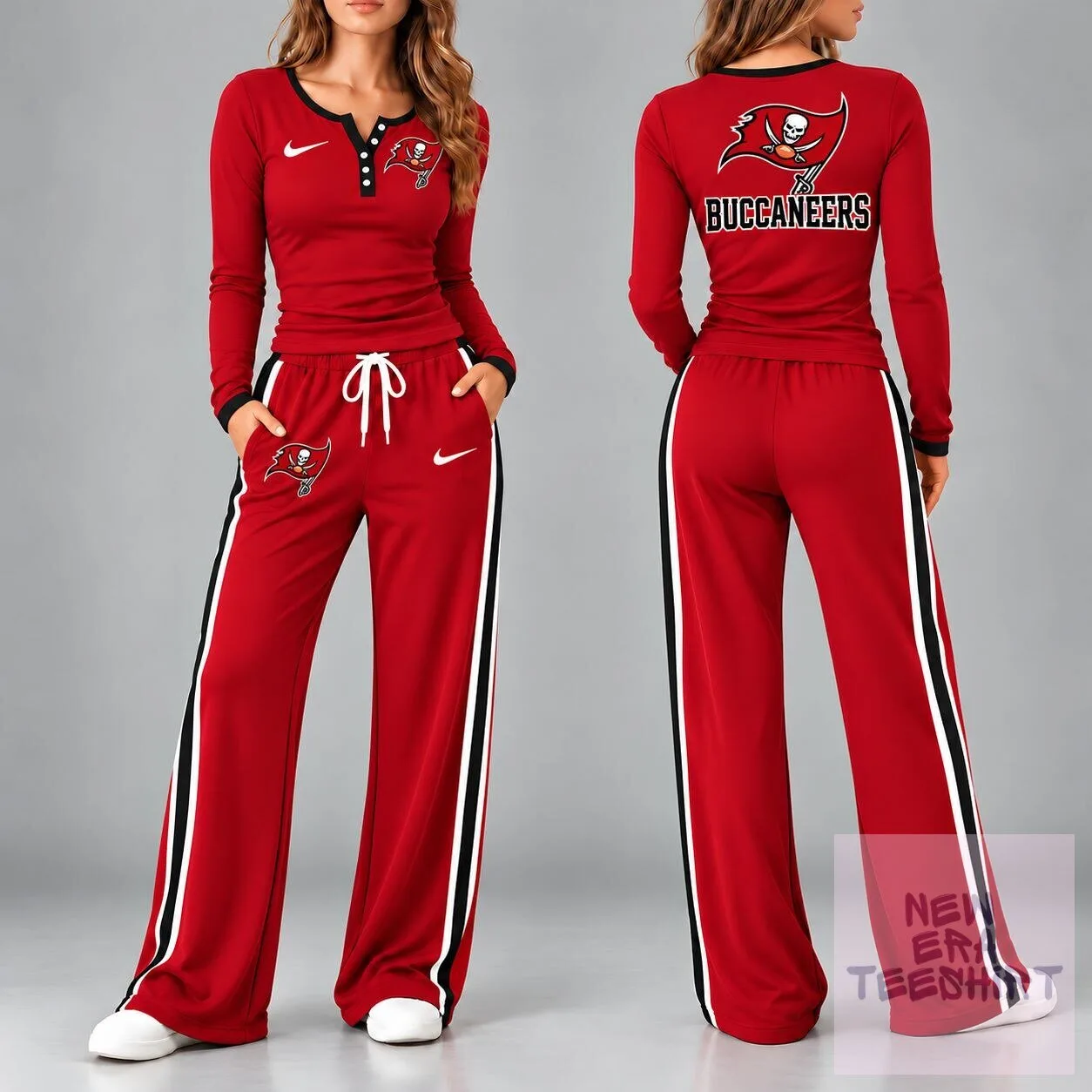 Tampa Bay Buccaneers Women's Red Long Sleeve Henley Top and Wide Leg Pants Pajamas Set