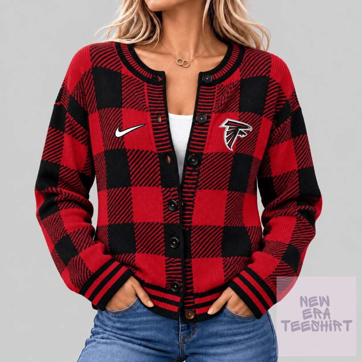 Atlanta Falcons Buffalo Check Knit Cardigan Sweater for Women