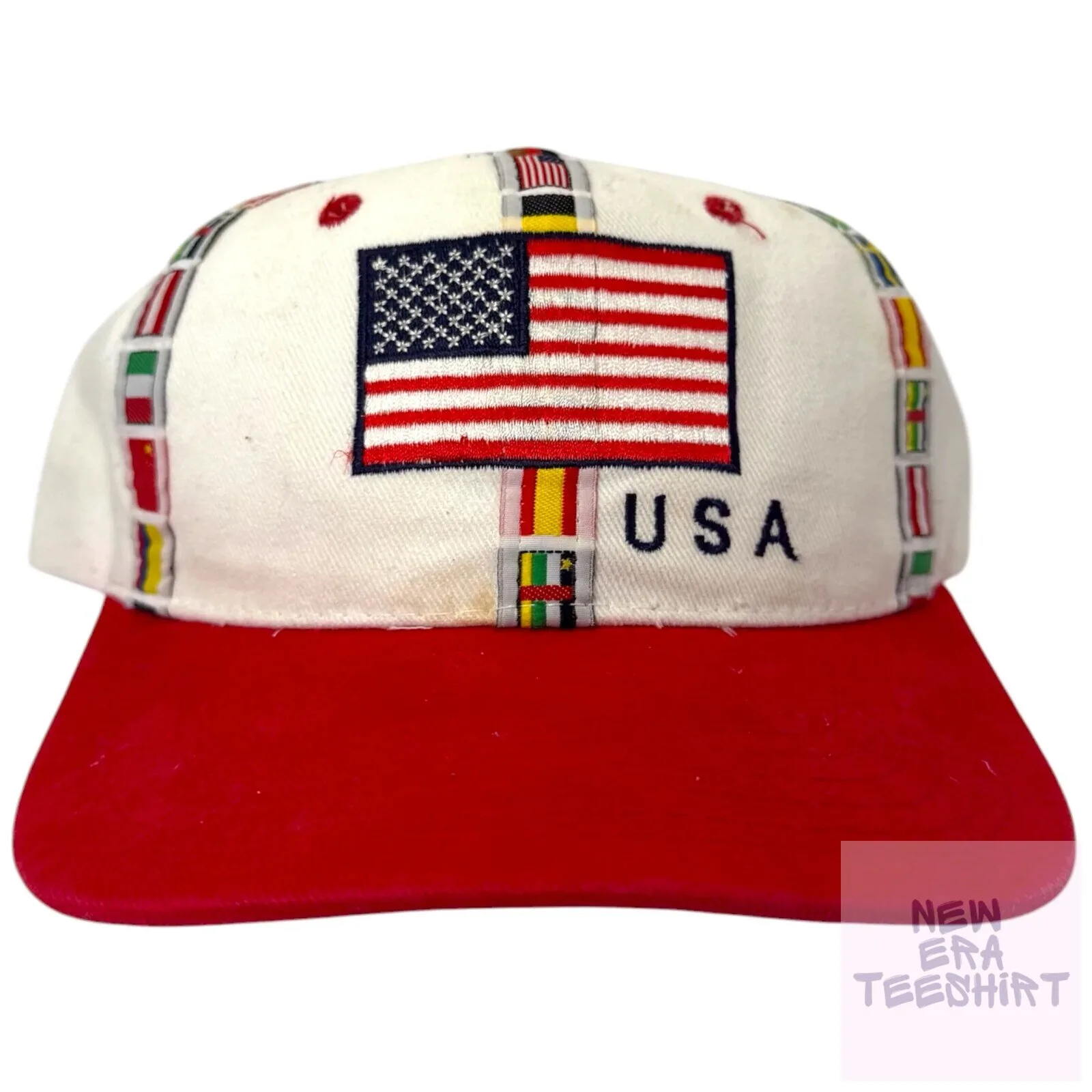 Vintage USA Flag Embroidered White and Red Baseball Cap Hat
