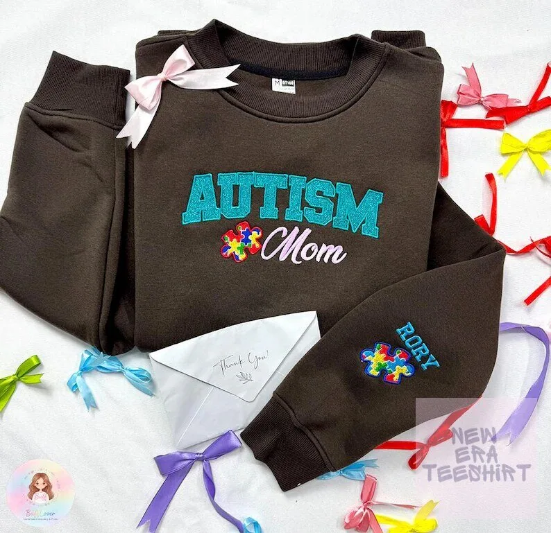 Autism Mom Embroidered Puzzle Piece Awareness Brown Sweatshirt