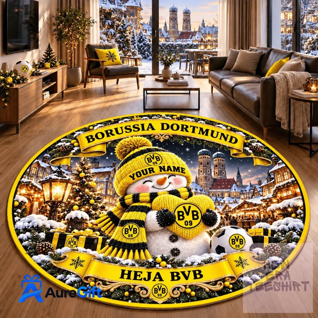 Borussia Dortmund Bundesliga Christmas Snowman Personalized Round Rug Borussia Dortmund Bundesliga Christmas Snowman Personalized Round Rug