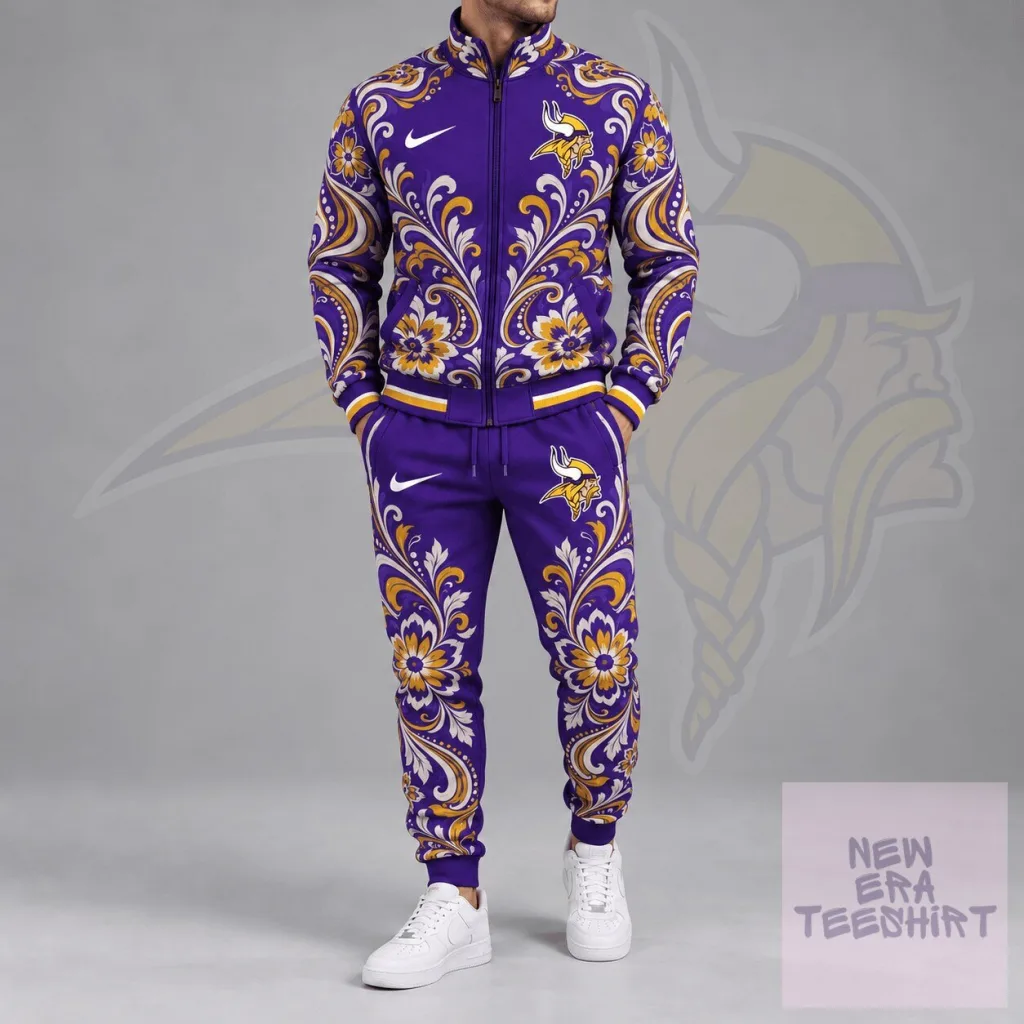 Minnesota Vikings Floral Paisley Full Zip Jacket and Jogger Pants Tracksuit Set Minnesota Vikings Floral Paisley Full Zip Jacket and Jogger Pants Tracksuit Set