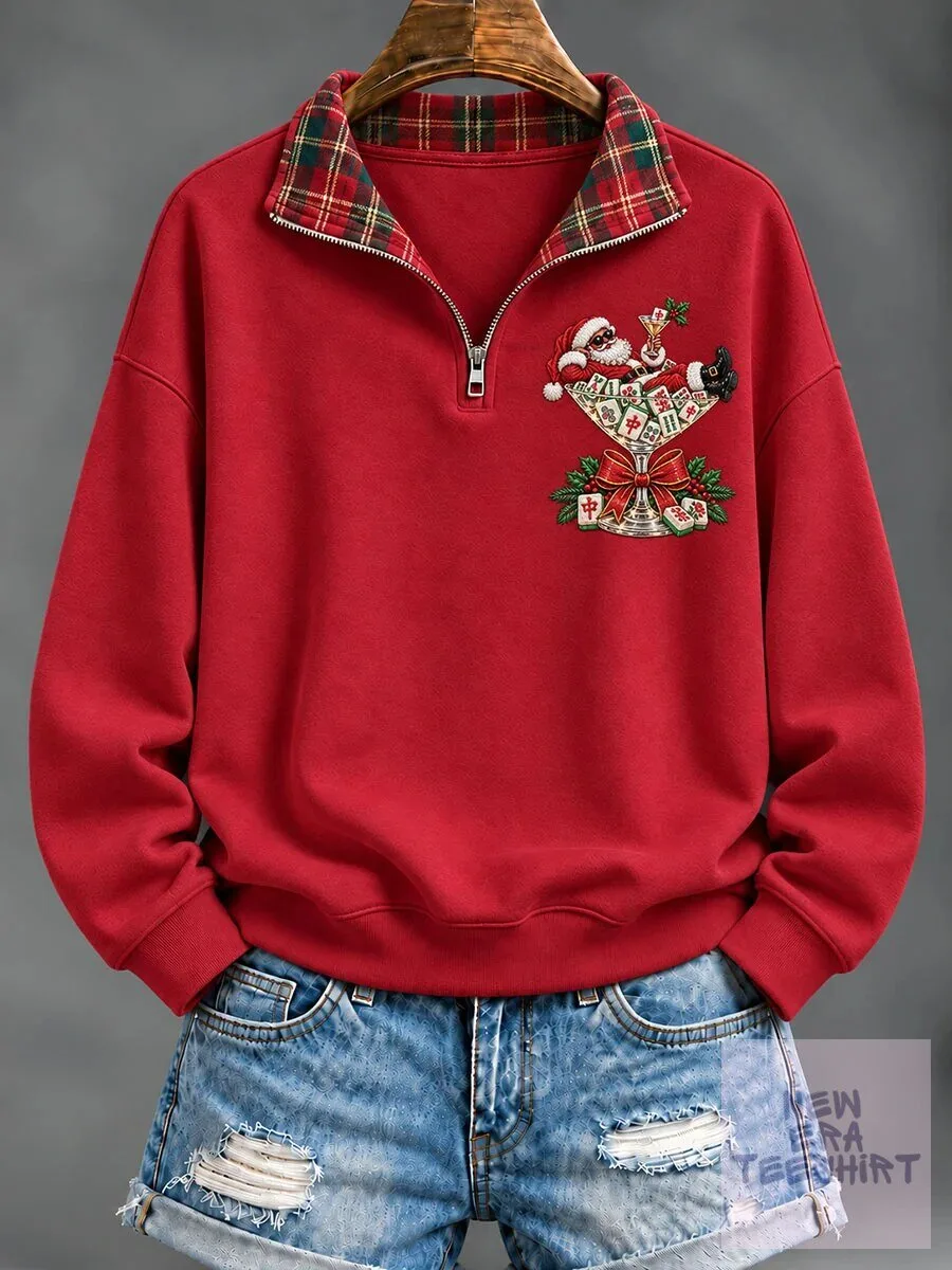 Christmas Mahjong Santa Claus Embroidered Quarter-Zip Sweatshirt